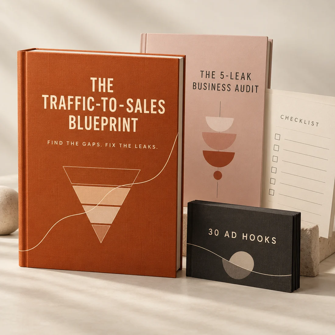 Traffic-to-Sales Blueprint digital bundle shown as an orange guide, pink audit workbook, checklist and ad hooks deck